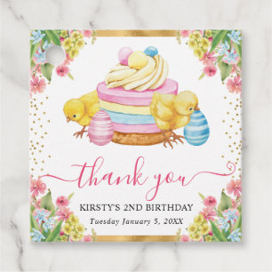 Étiquettes Cadeau Poussins de Pâques à l'aquarelle et gâteau d'anniv