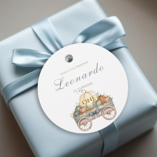 Étiquettes Cadeau Premier anniversaire citrouille, garçon bleu