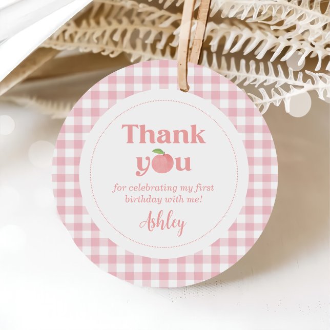 Étiquettes Cadeau Premier anniversaire de Peach En vichy rose (Créateur téléchargé)