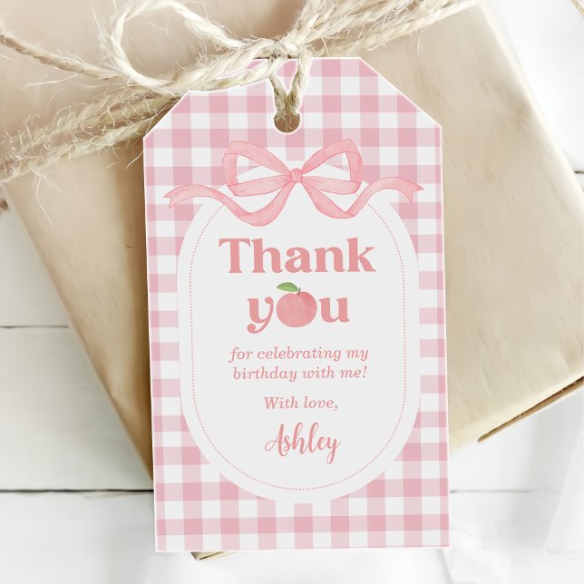 Étiquettes-cadeau Premier Anniversaire Gingham Rose Pêche (Créateur téléchargé)