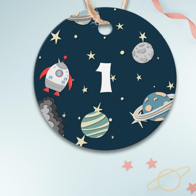 Étiquettes Cadeau Premier anniversaire Space Ship and Planets (Créateur téléchargé)