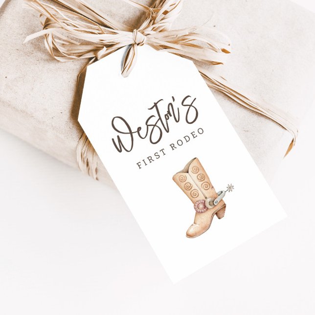 Étiquettes-cadeau Premier Rodéo Neutre Cowboy Anniversaire Favoriser (Créateur téléchargé)
