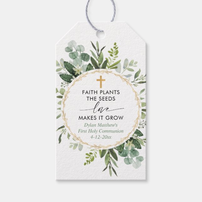 Étiquettes-cadeau Première communion baptême or vert verdure en fave (Devant)