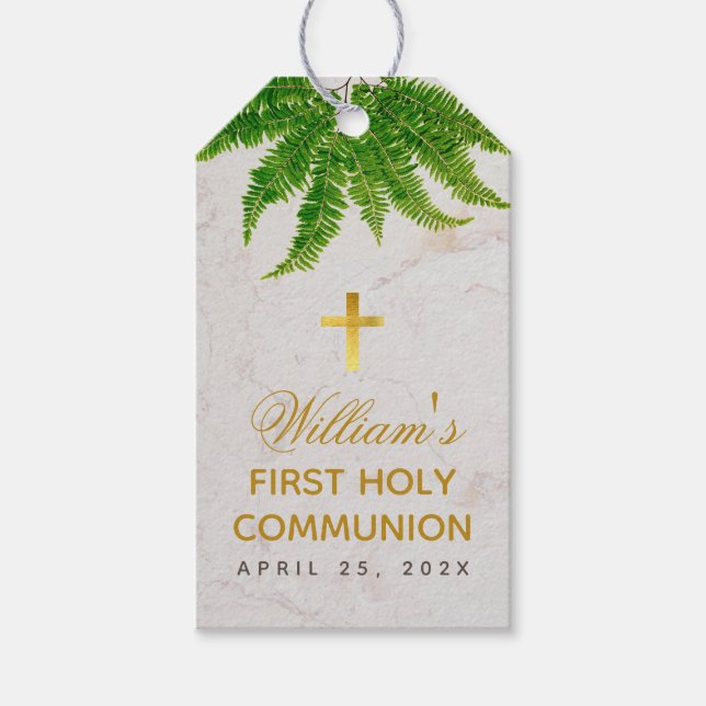 Étiquettes-cadeau Première communion Botanique Foliage Marbre d'or (Devant)