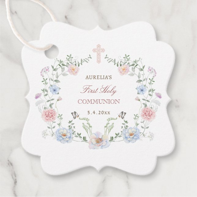 Étiquettes Cadeau Première communion de cadre floral élégant (Devant)