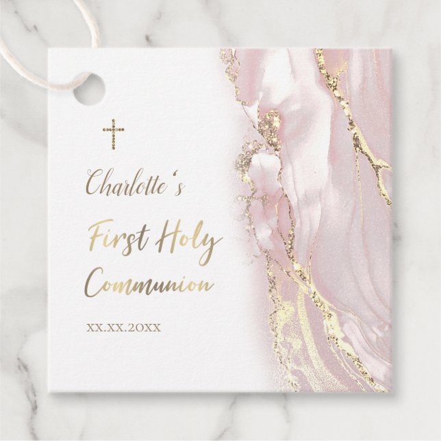 Étiquettes Cadeau première communion de marbre rose (Devant)