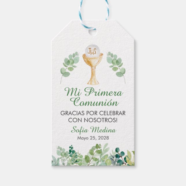 Étiquettes-cadeau Première communion Feuille verte Primera Comunion (Devant)