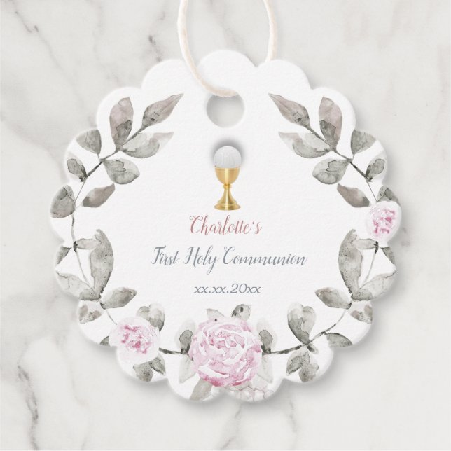 Étiquettes Cadeau Première communion fille fleurs couronne (Devant)