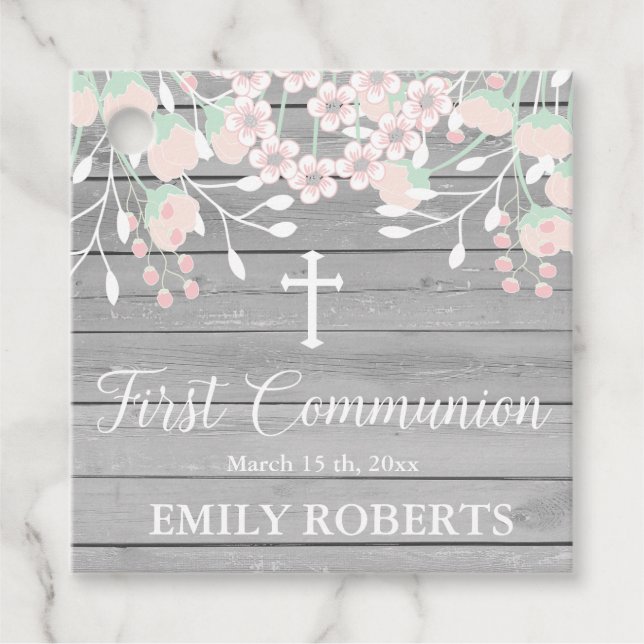 Étiquettes Cadeau Première communion florale rousse en bois gris rus (Devant)