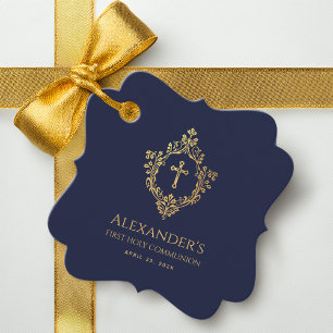 Étiquettes Cadeau Première communion garçon bleu marine or crête élé