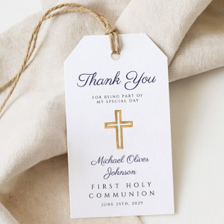 Étiquettes-cadeau Première communion religieuse garçon écriture bleu