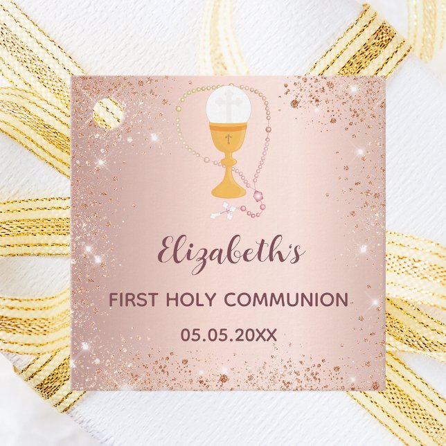Étiquettes Cadeau Première communion rose parties scintillant d'or m (Créateur téléchargé)
