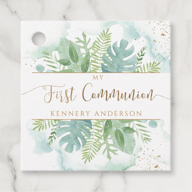Étiquettes Cadeau Première Communion Verdure et Aquarelle bleue vert (Devant)