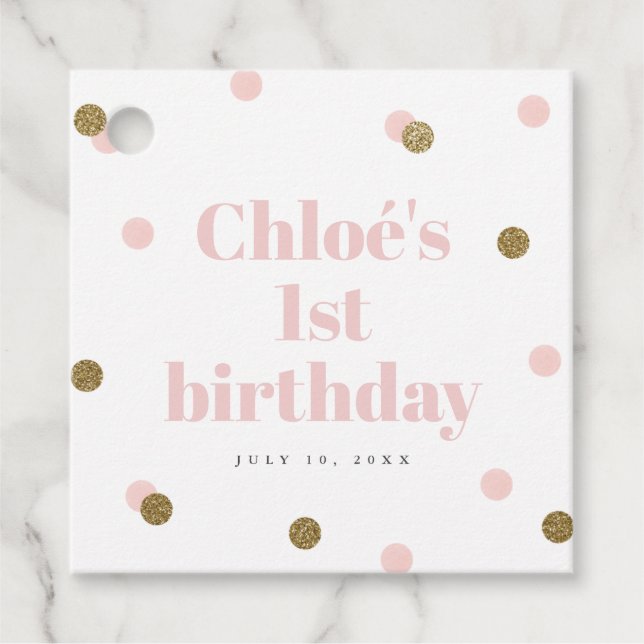 Étiquettes Cadeau Première fête d'anniversaire rose et or (Devant)
