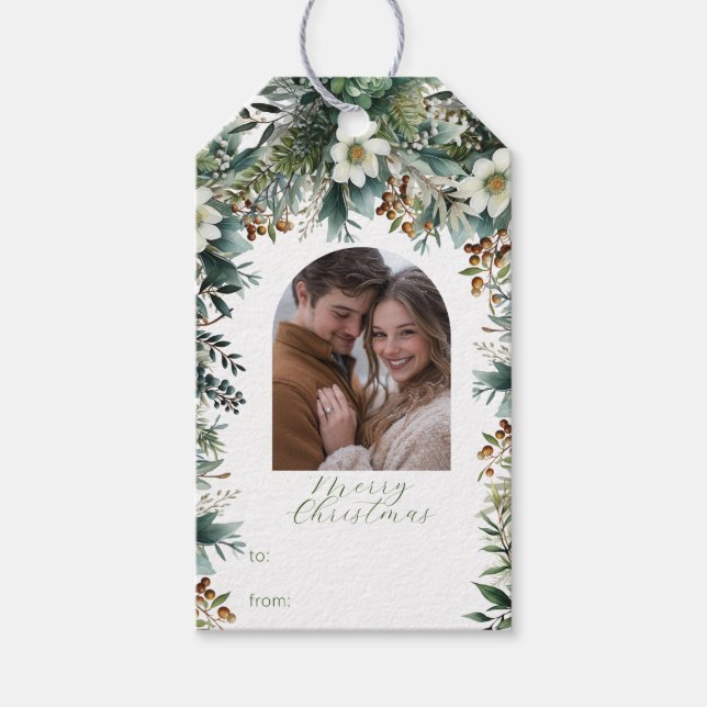 Étiquettes-cadeau Première Noël Elégante Arc de verdure photo (Devant)