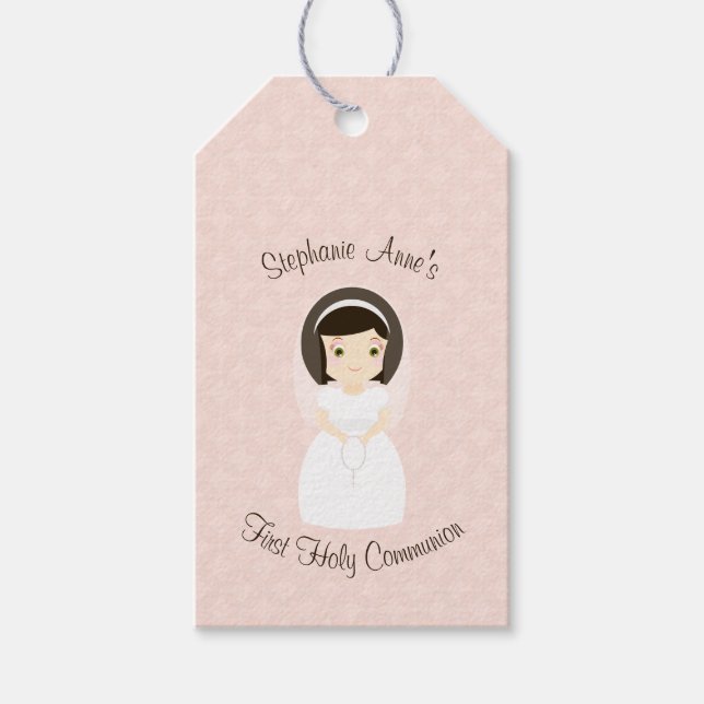Étiquettes-cadeau Première Sainte Communion Brunette Girl (Devant)