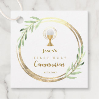 Étiquettes Cadeau Première Sainte Communion cercle d'or feuilles ver