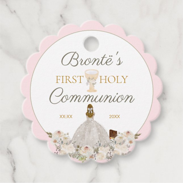Étiquettes Cadeau Première Sainte Communion Élégant Blush Pink Faver (Devant)
