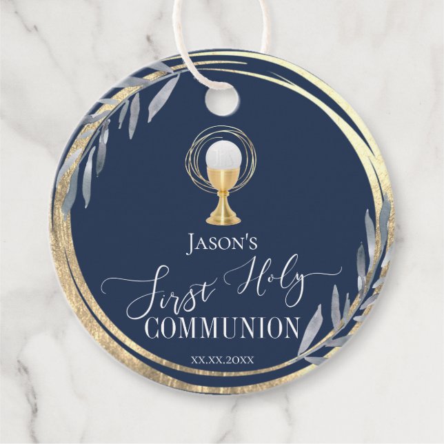 Étiquettes Cadeau Première sainte communion | feuille bleue et fauss (Devant)
