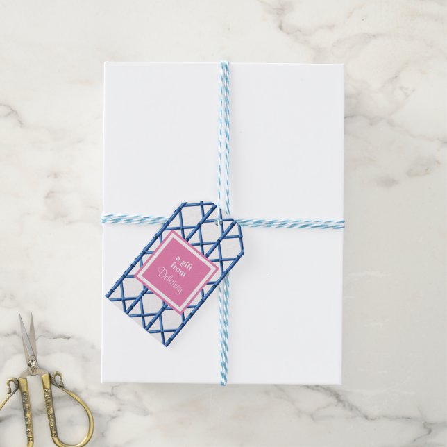 Étiquettes-cadeau Preppy Blue Trellis Bamboo Motif personnalisé (Avec de laficelle)