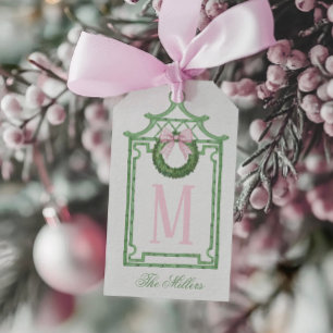 Étiquettes-cadeau Preppy Chinoiserie Pagode de Noël Monogramme
