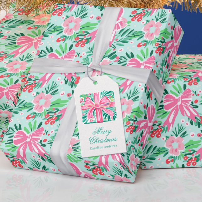 Étiquettes-cadeau Préppy rose et vert Noël présent (Créateur téléchargé)