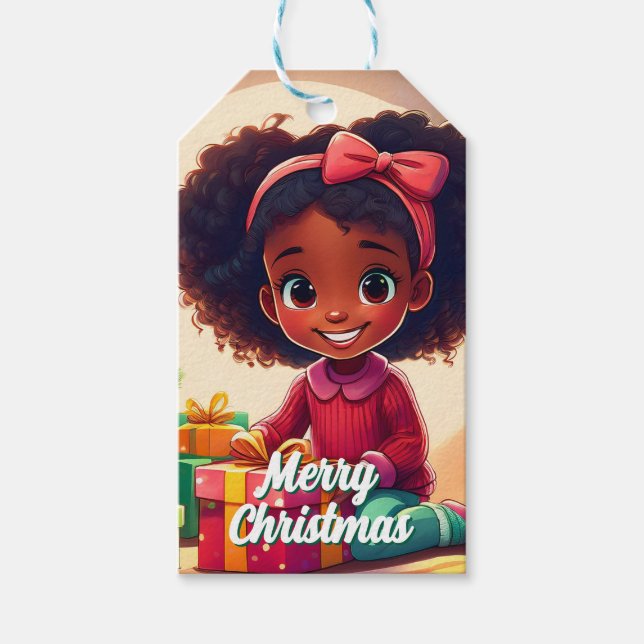 Étiquettes-cadeau Présentation d'ouverture de la petite fille noire (Devant)