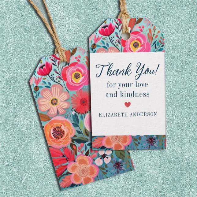 Étiquettes-cadeau Pretty Botanical Girly Floral Thank You (A bright colorful floral Thank you gift tag. Great for thanking wedding or bridal shower guests.)