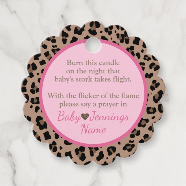 Étiquettes Cadeau Prière aux chandelles léopard et Baby shower rose (Devant)
