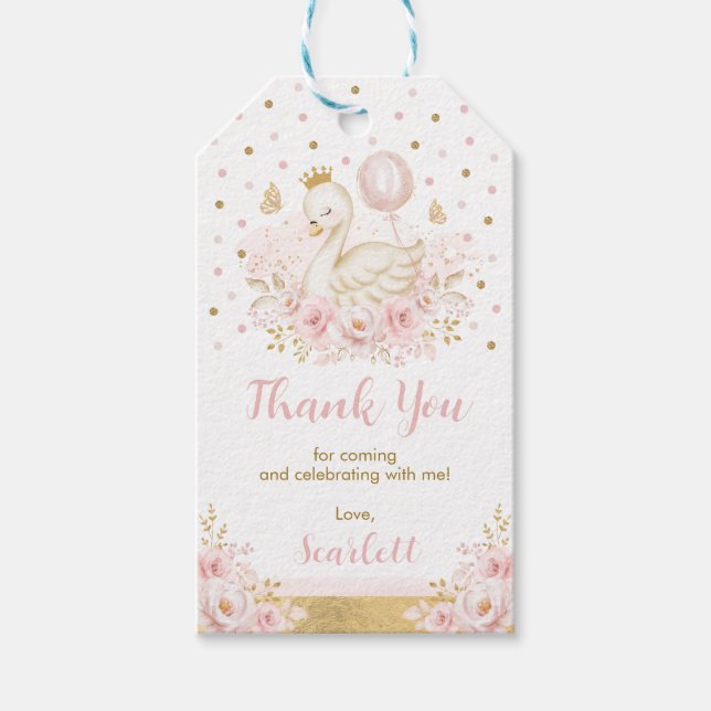 Étiquettes-cadeau Princesse de cygne rose et or avec ballons Anniver (Devant)