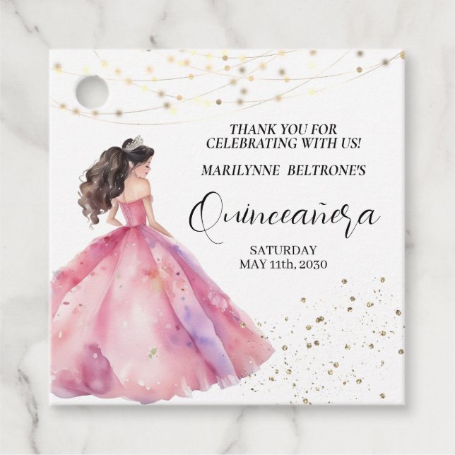 Étiquettes Cadeau Princesse d'or rose Quinceañera (Devant)