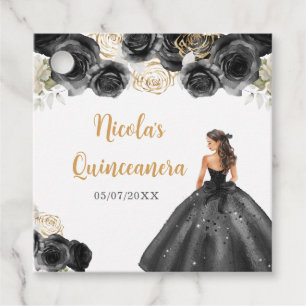 Étiquettes Cadeau Princesse Florale en Robe Noire Quinceanera