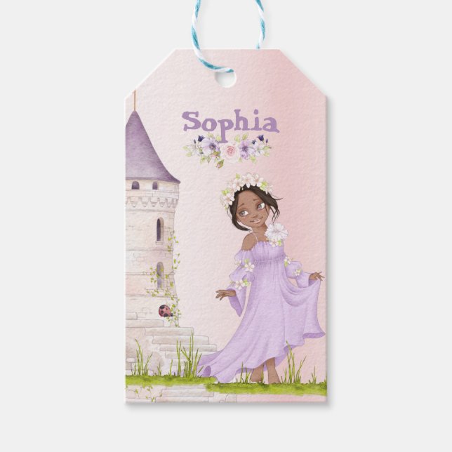Étiquettes-cadeau Princesse Unicorn Cheveux foncé pourpre mignon Ann (Devant)
