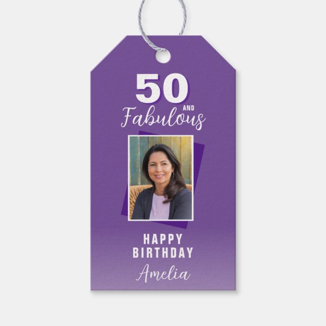 Étiquettes-cadeau Purple 50 et fabuleux 50e anniversaire Photo (Devant)