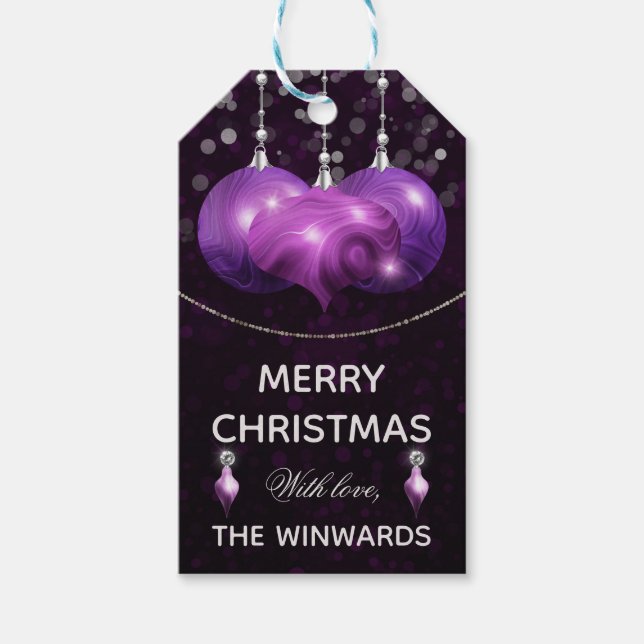 Étiquettes-cadeau Purple Agate & argent Baubles Joyeux Noël (Devant)