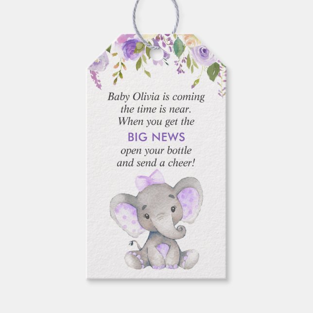 Étiquettes-cadeau Purple Elephant Baby Girl Douche Mini bouteille Fa (Devant)