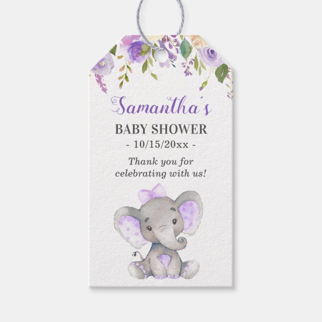 Étiquettes-cadeau Purple Elephant Baby Girl Douche Sprinkle Favorise (Devant)