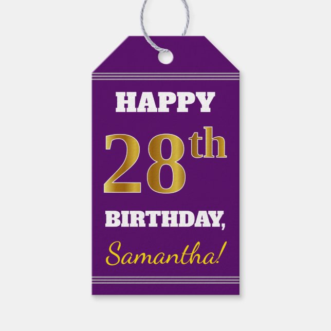 Étiquettes-cadeau Purple, Faux Gold 28e anniversaire + Nom personnal (Devant)