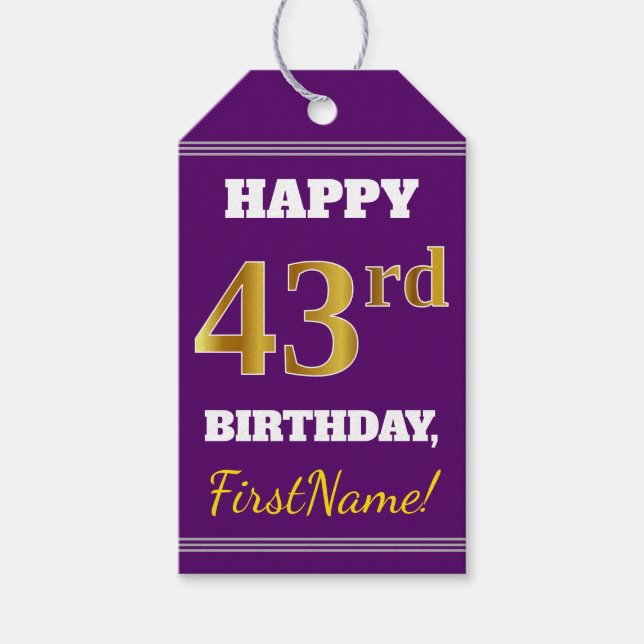 Étiquettes-cadeau Purple, Faux Gold 43ème anniversaire + Nom personn (Devant)