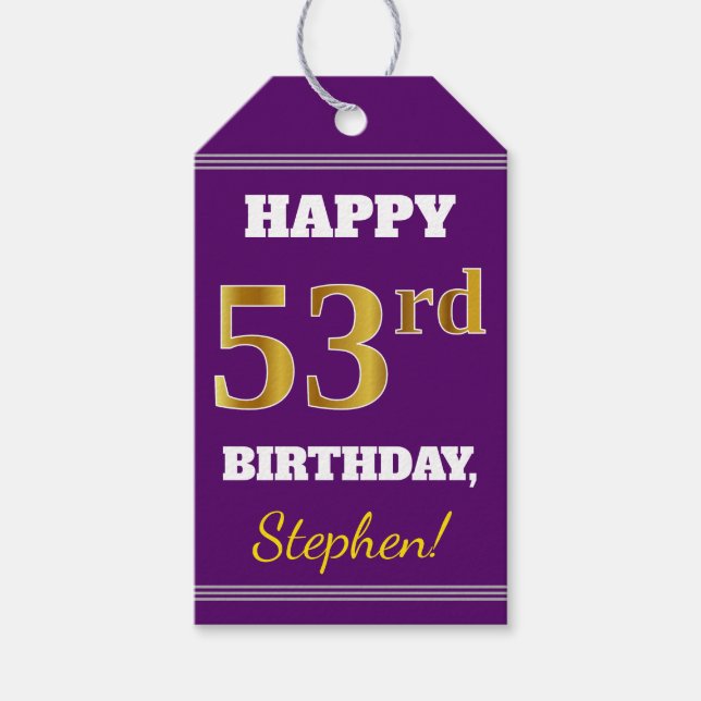 Étiquettes-cadeau Purple, Faux Gold 53ème anniversaire + Nom personn (Devant)