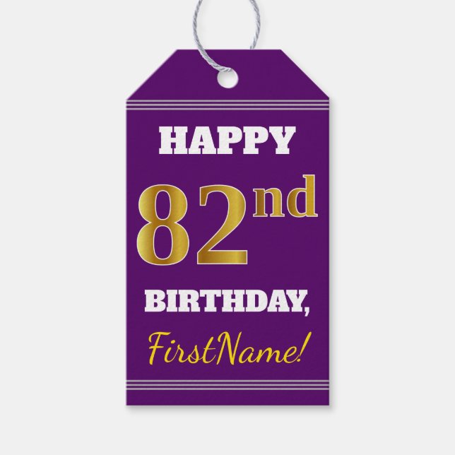 Étiquettes-cadeau Purple, Faux Gold 82e anniversaire + Nom personnal (Devant)