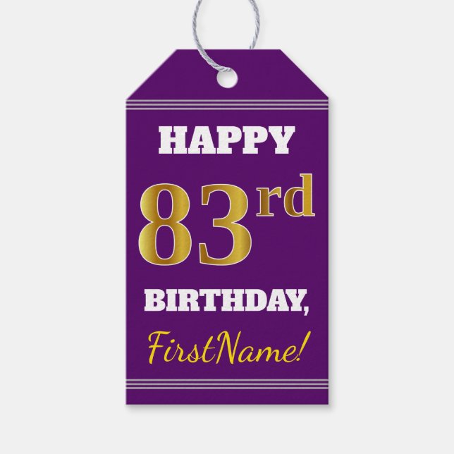 Étiquettes-cadeau Purple, Faux Gold 83ème anniversaire + Nom personn (Devant)