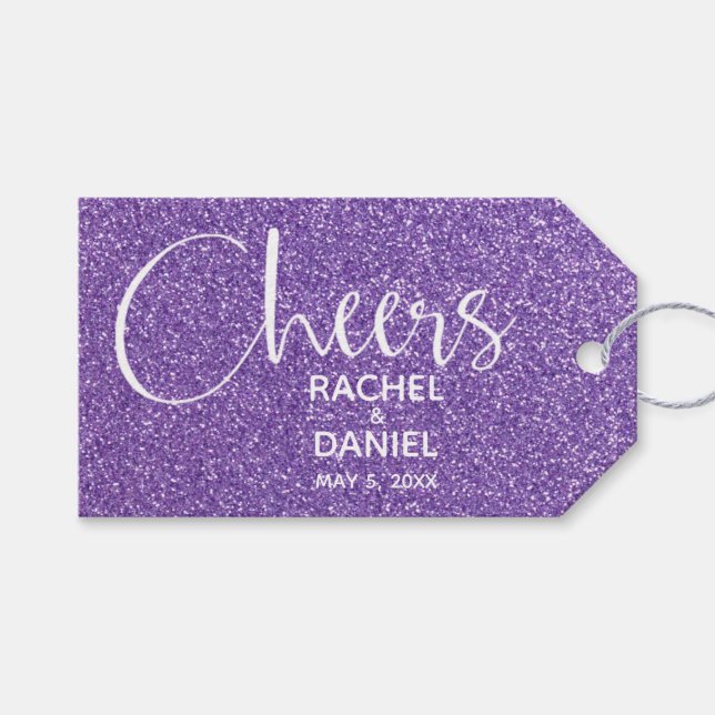 Étiquettes-cadeau Purple Faux Parties scintillant Mariage Faveur (Devant (Horizontal))