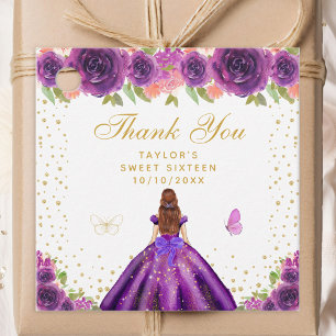 Étiquettes Cadeau Purple Floral Brown cheveux Princess Sweet sixteen