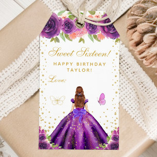 Étiquettes-cadeau Purple Floral Brown cheveux Princess Sweet sixteen