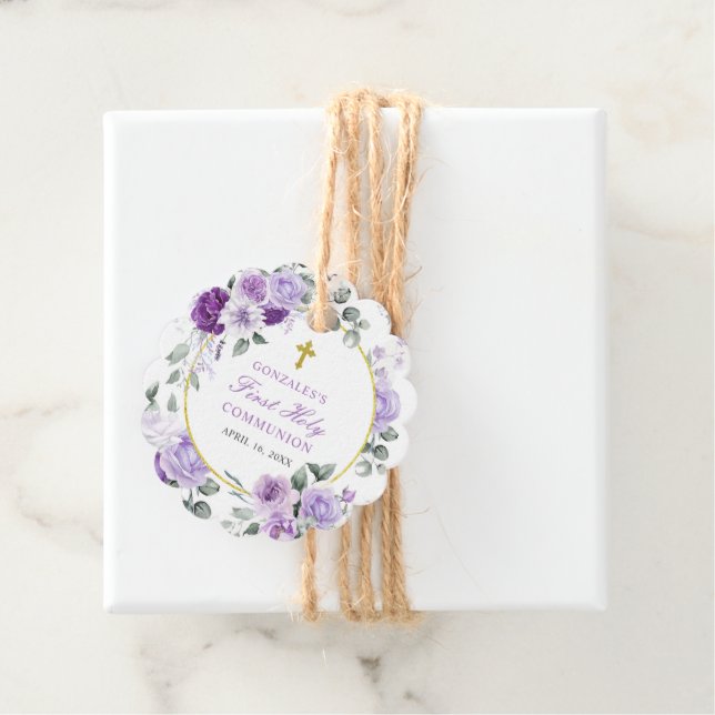 Étiquettes Cadeau Purple Floral Fille Première Sainte Communion (En situation)