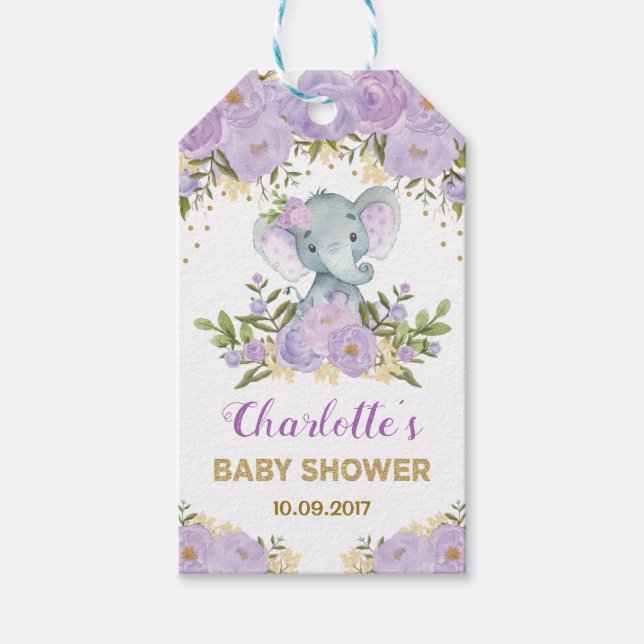 Étiquettes-cadeau Purple Gold Floral Elephant Baby shower Faveurs (Devant)