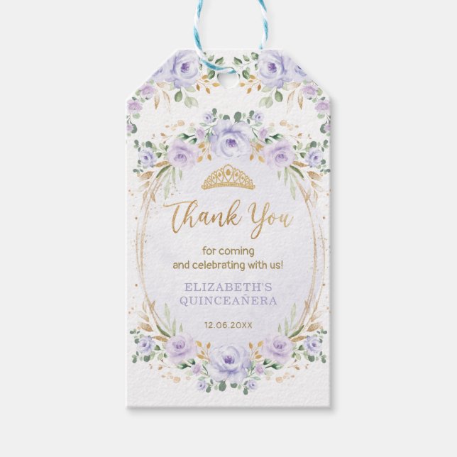 Étiquettes-cadeau Purple Gold Floral Quinceañera Anniversaire Faveur (Devant)