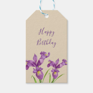 Étiquettes-cadeau Purple Iris Botanical Floral Art Joyeux Anniversai
