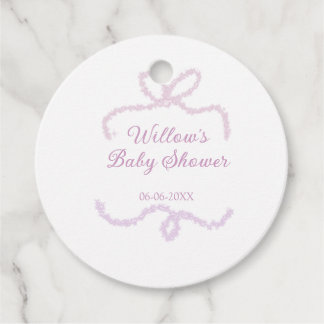 Étiquettes Cadeau purple pink glitter bow baby shower name date eleg